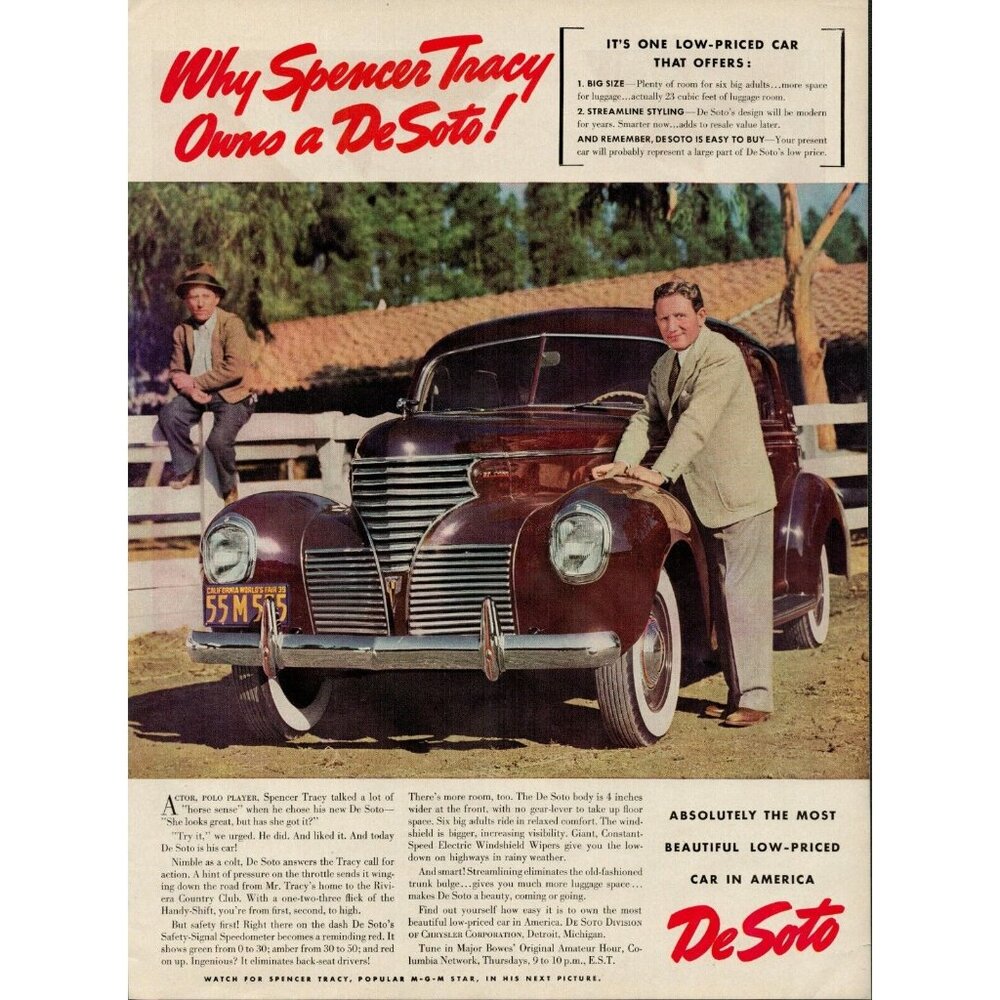 1939 De Soto,Chrysler Corporation f/ Spencer Tracy Vintage Print Ad (L10)
